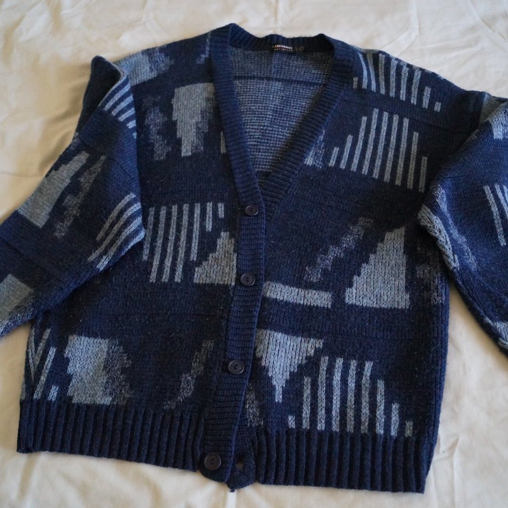 Men's Blue Patterned Button Up Sweater